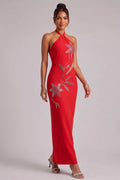 Red Halter Neck Evening Gown with Silver Floral Embellishments Flowering Girl