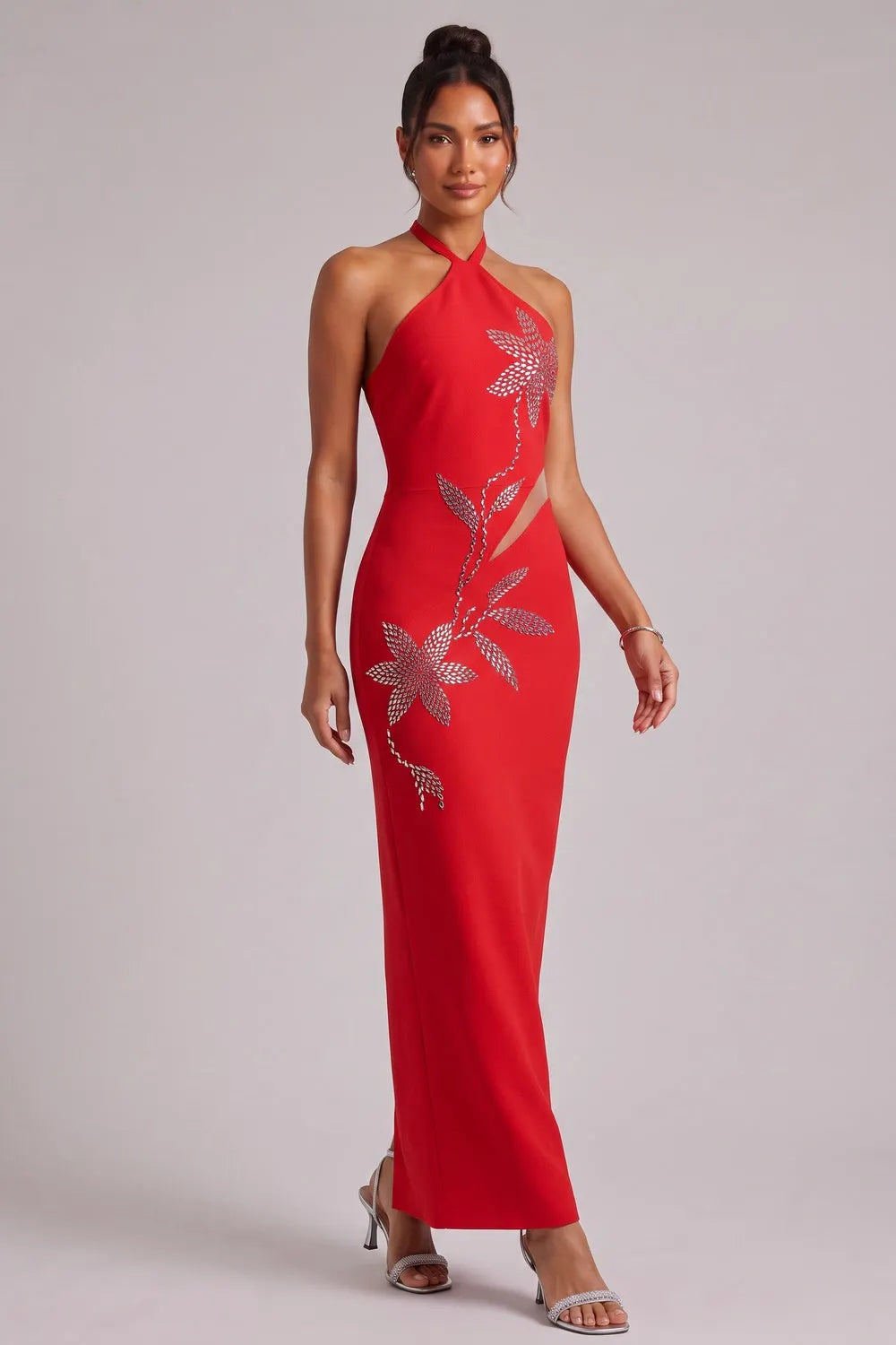 Red Halter Neck Evening Gown with Silver Floral Embellishments Flowering Girl