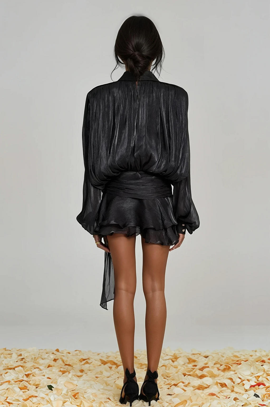 Hermosa Balloon Sleeve Ruch Ruffle Mini Dress In Black Flowering Girl