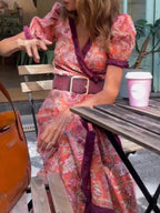 Elegant Pink Floral Print Short Sleeve Maxi Dress Flowering Girl