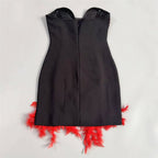 Black Bodycon Mini Dress with Red Feather Trim Flowering Girl