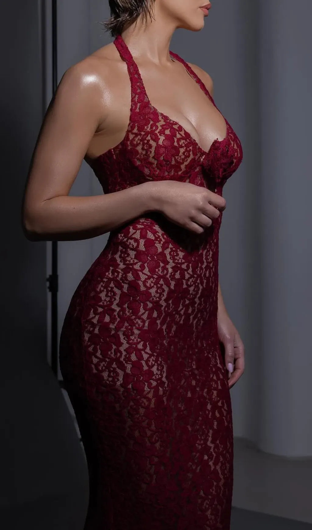 Bedelia Wine Halter Lace Maxi Dress Flowering Girl
