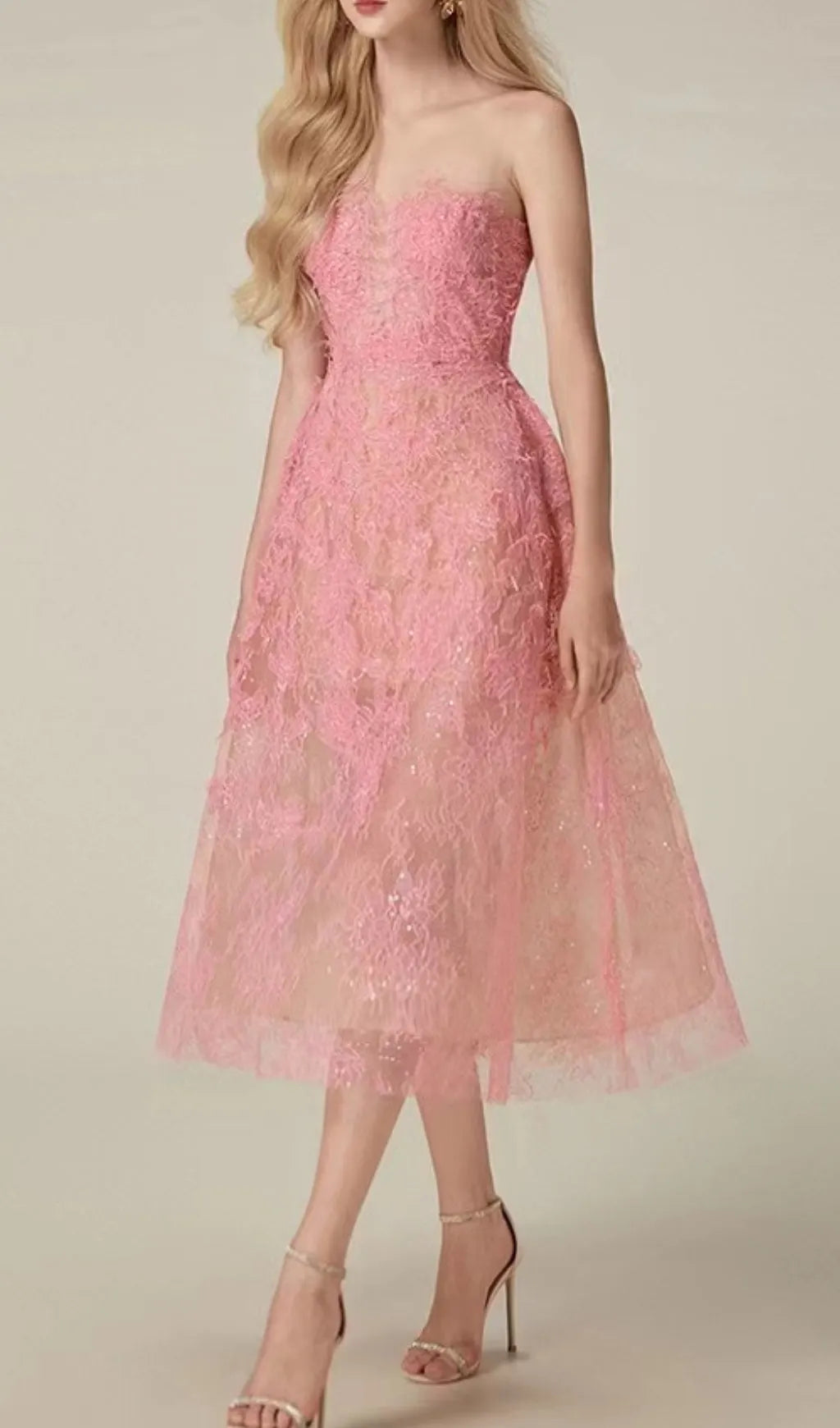 Allyson Pink Floral Lace Embroider Midi Dress Flowering Girl