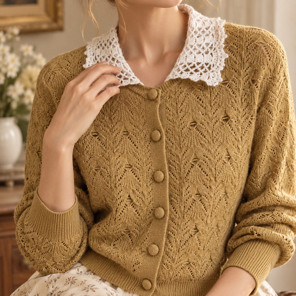 Mustard Yellow Lightweight Pointelle Knit Straight, Slightly Cropped Cardigan Flowering Girl