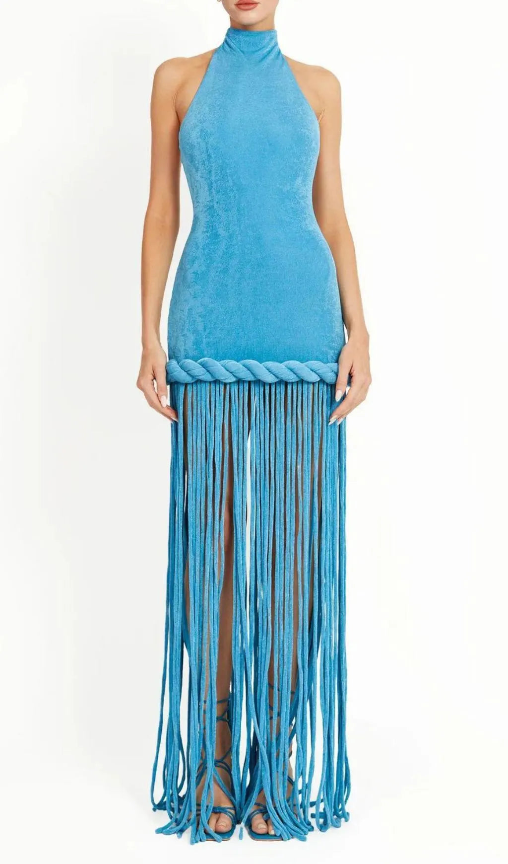 Jamie Blue Halter Tassel Velvet Maxi Dress Flowering Girl