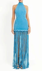 Jamie Blue Halter Tassel Velvet Maxi Dress Flowering Girl