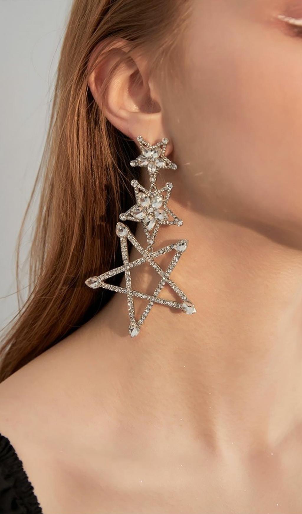Artan Silver Pentagram Rhinestone Earrings Flowering Girl