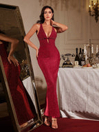 Kelly Plunge Neck Pearl Maxi Dress In Burgundy Flowering Girl