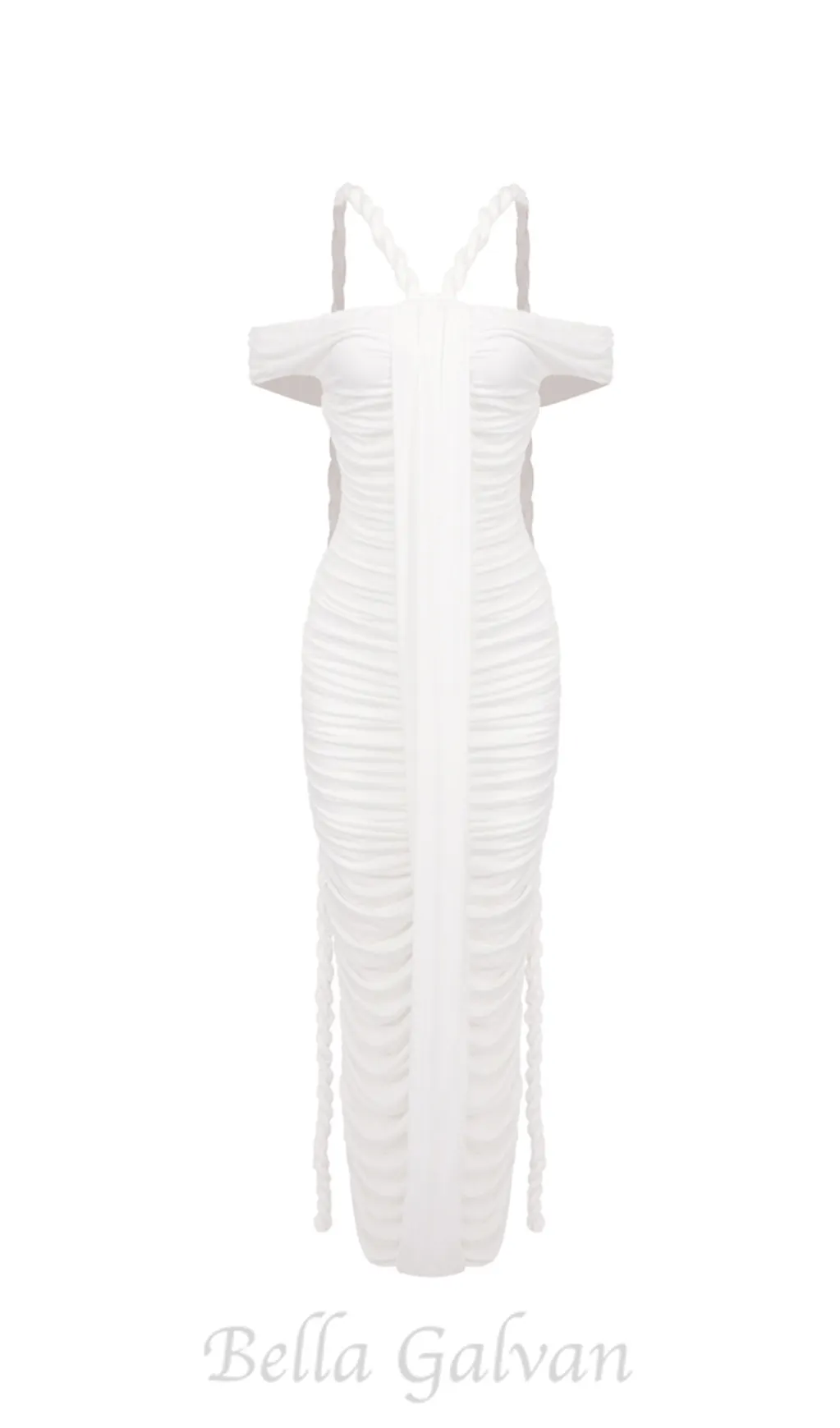 cara white off-shoulder ruched bodycon maxi dress with rope embellished Flowering Girl