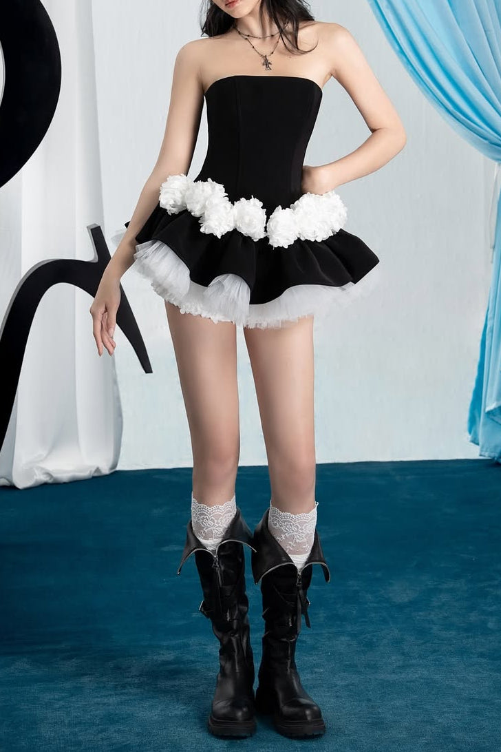 Erica Floral Patchwork Strapless Top Skirt Set In Black Flowering Girl