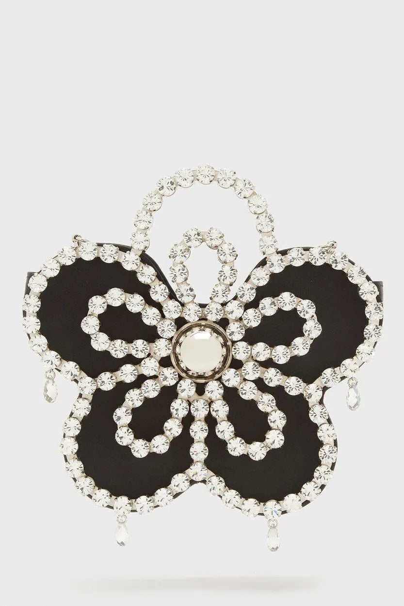 Elysa Flower Diamante Satin Clutch - Black Flowering Girl
