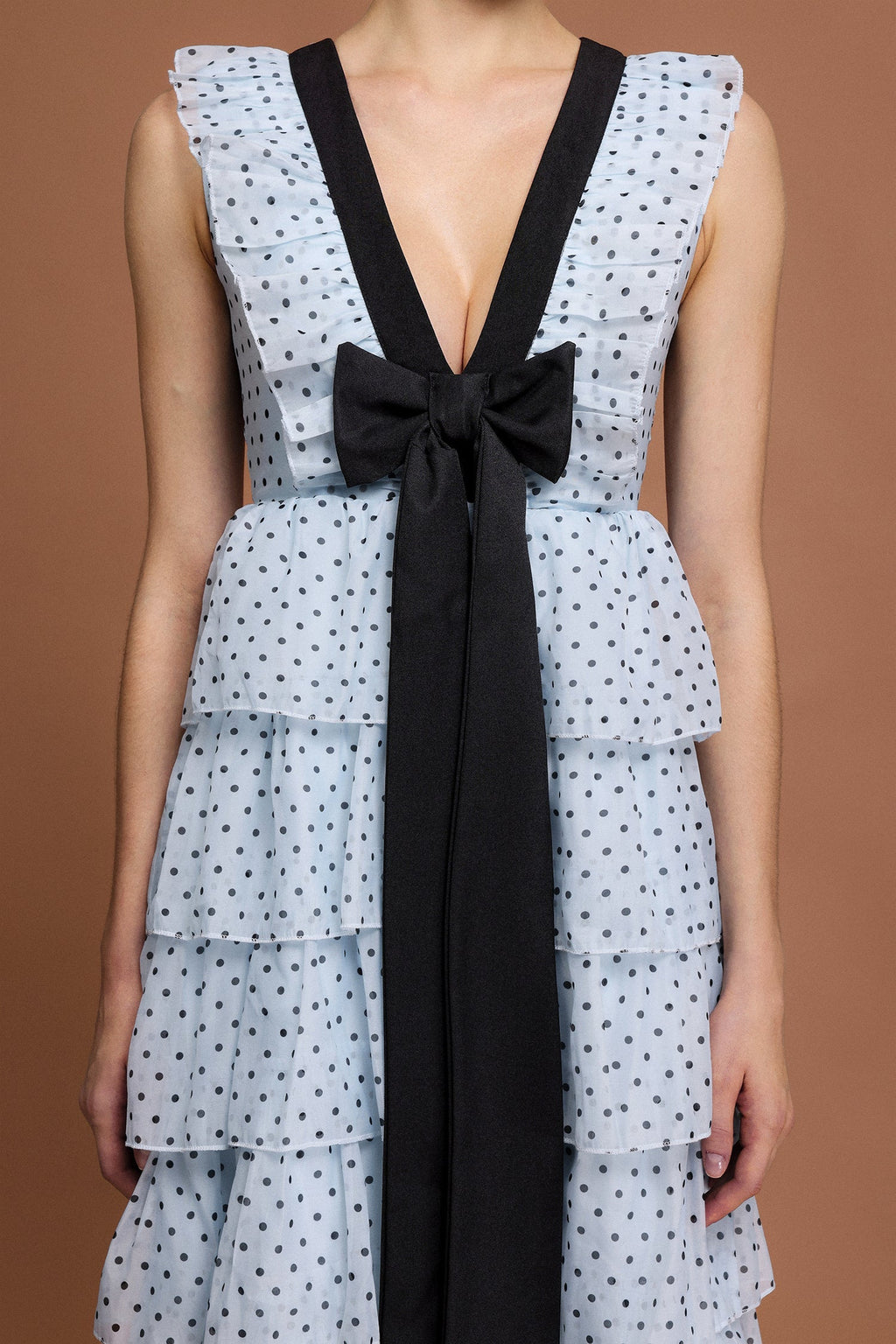 V-Neck Sleeveless Bowknot Folds Dot Printed Midi Dress Flowering Girl