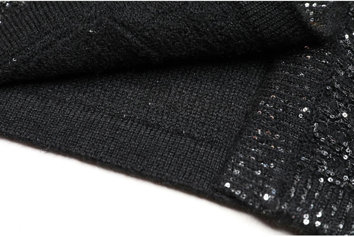Sequin Knit v-Neck Cardigan In Black Flowering Girl