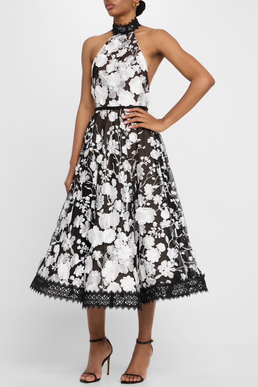 Alyssa Black Halter Floral Embroidered Midi Dress Flowering Girl