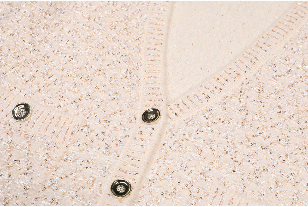 Sequin Knit v-Neck Cardigan In Beige Flowering Girl