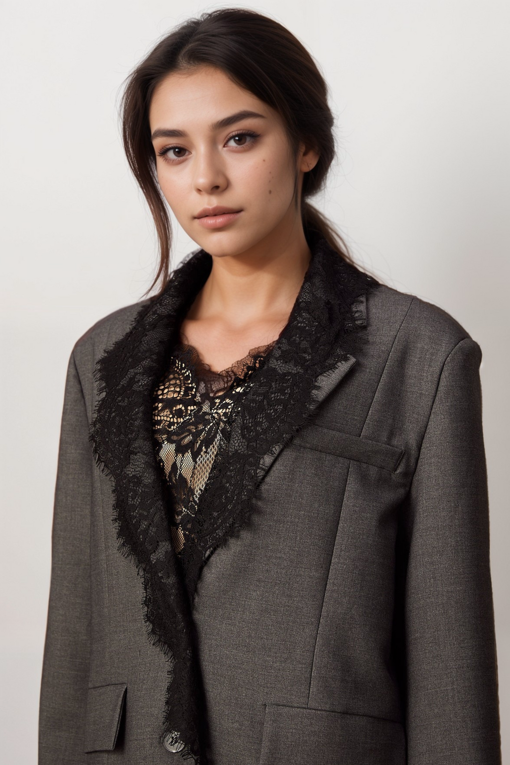 Dianthe Grey Lace-Panel Blazer Flowering Girl