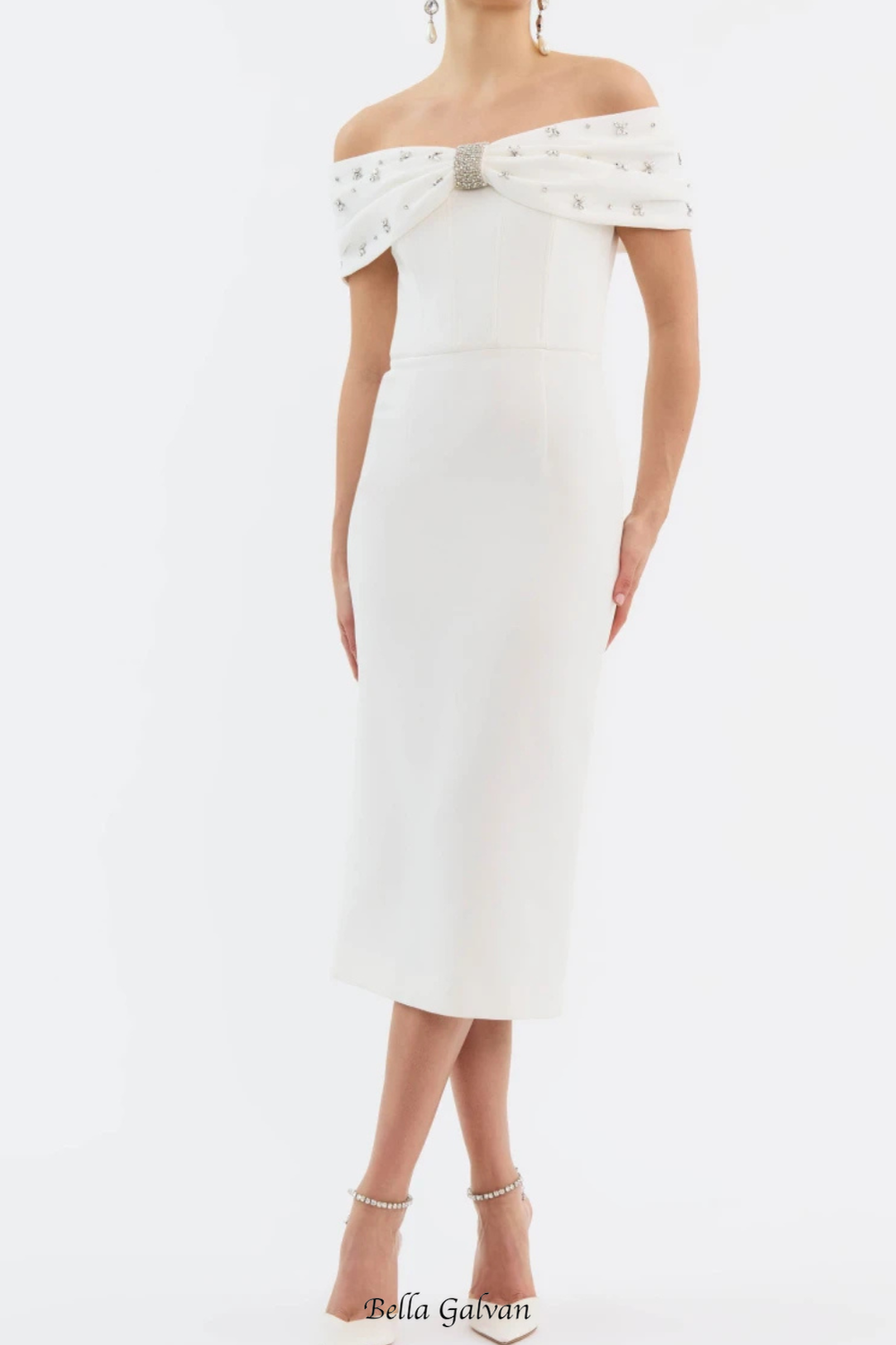 beulah Off-shoulder beaded diamond midi dress in white Flowering Girl