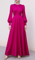 Fuchsia Satin Long Sleeve Maxi Dress With Gathered Waist Flowering Girl