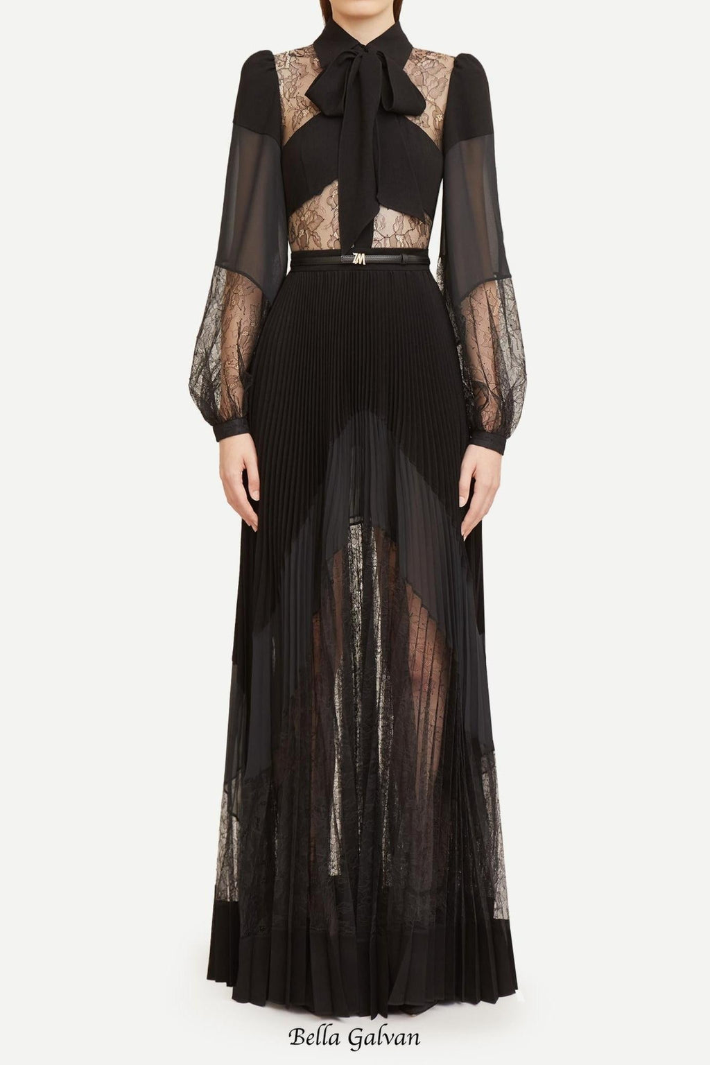 simona lace splice Pleated maxi Dress in black Flowering Girl