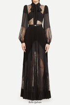 simona lace splice Pleated maxi Dress in black Flowering Girl