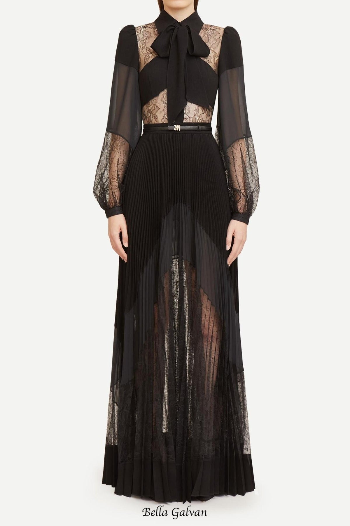 simona lace splice Pleated maxi Dress in black Flowering Girl