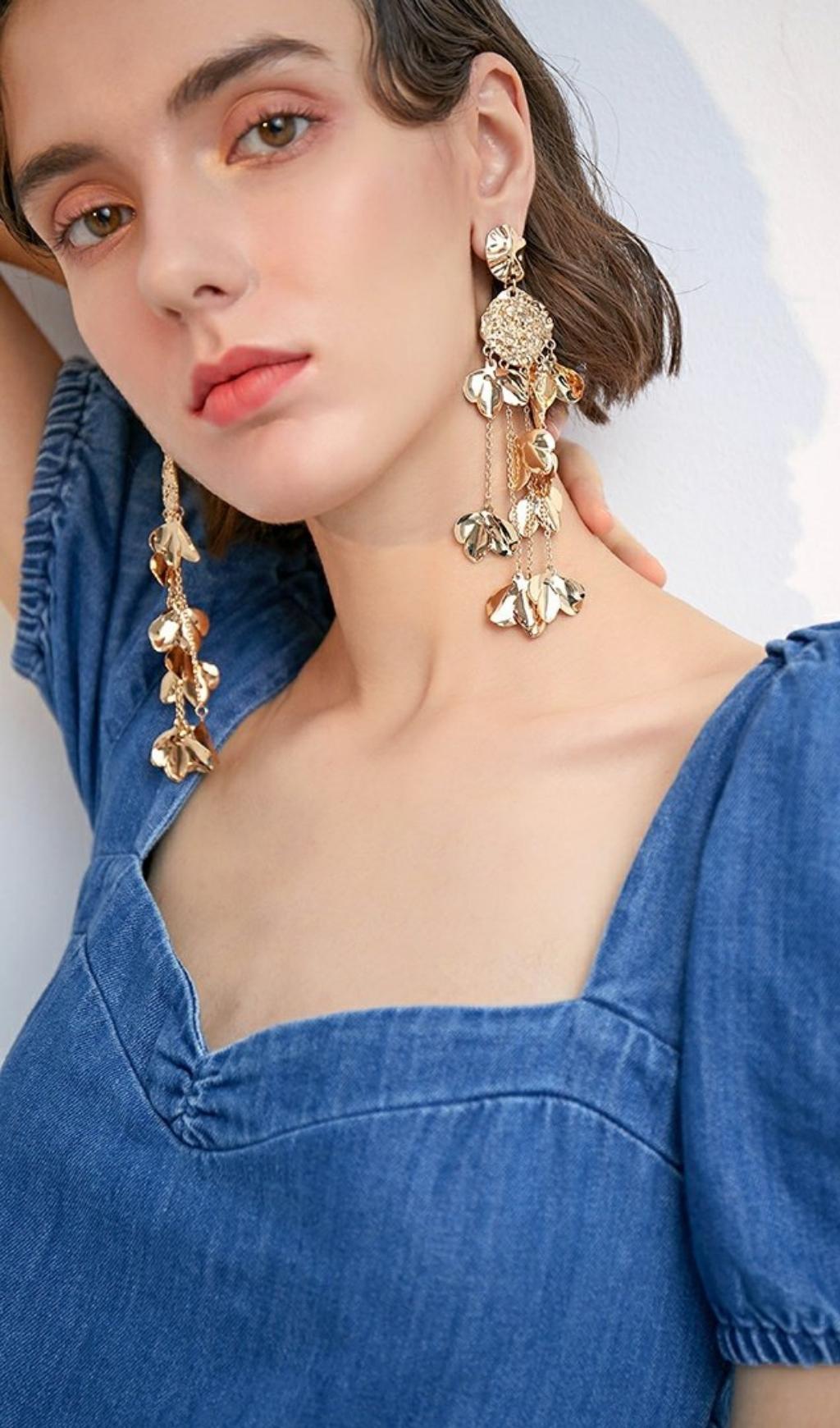 Aisling Gold Tassel Leaf Earrings Flowering Girl