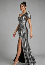 Silver Metallic One-Shoulder Draped Maxi Dress Flowering Girl