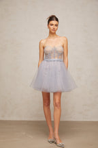 Madeline Grey Embellished Puff Tulle Mini Dress Flowering Girl