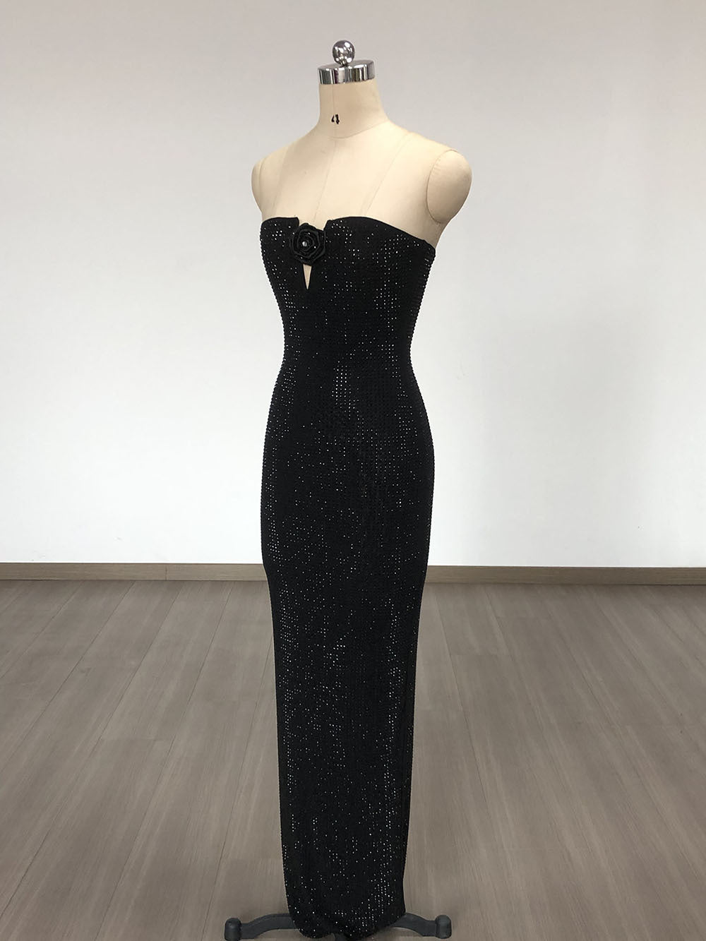 Strapless Rhinestone Rose Maxi Dress In Black Flowering Girl