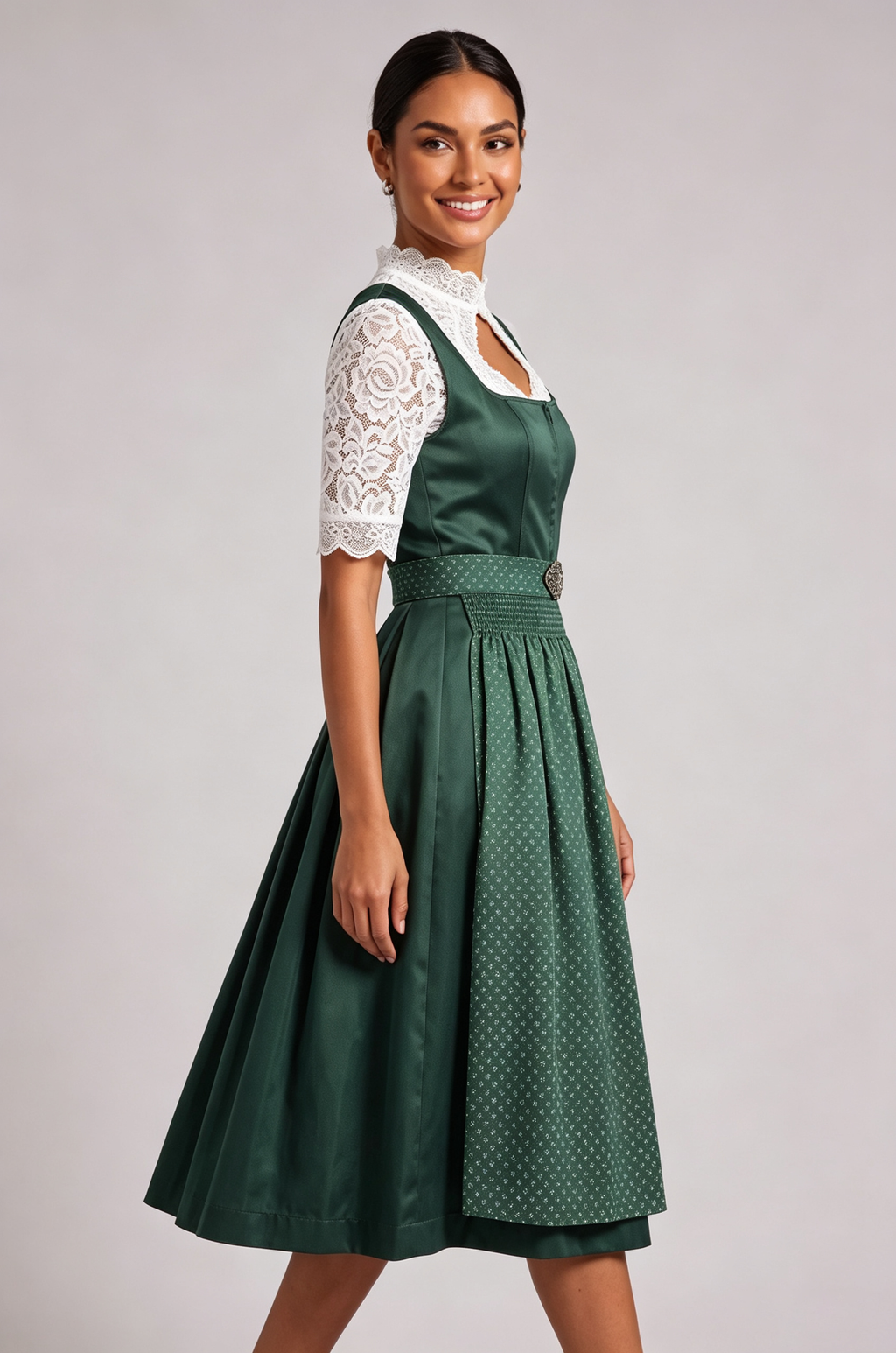 Dark Green Satin-Finish Polyester Or Silk Blend Fit-And-Flare Dirndl Set Flowering Girl