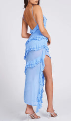 Ruffle Cut Out Asymmetric Maxi Dress - Blue Flowering Girl