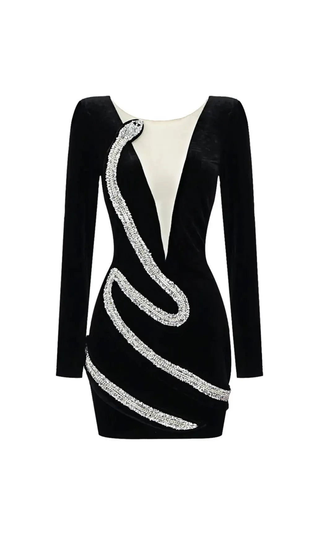 Rhinestone Serpenta Deep-V Velvet Mini Dress Flowering Girl