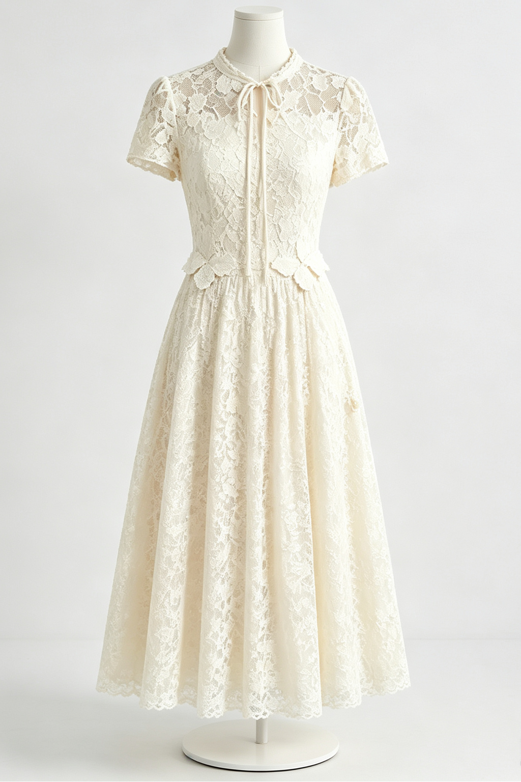 Cream Lace Tie Neck Short Sleeve A-Line Midi Dress Flowering Girl