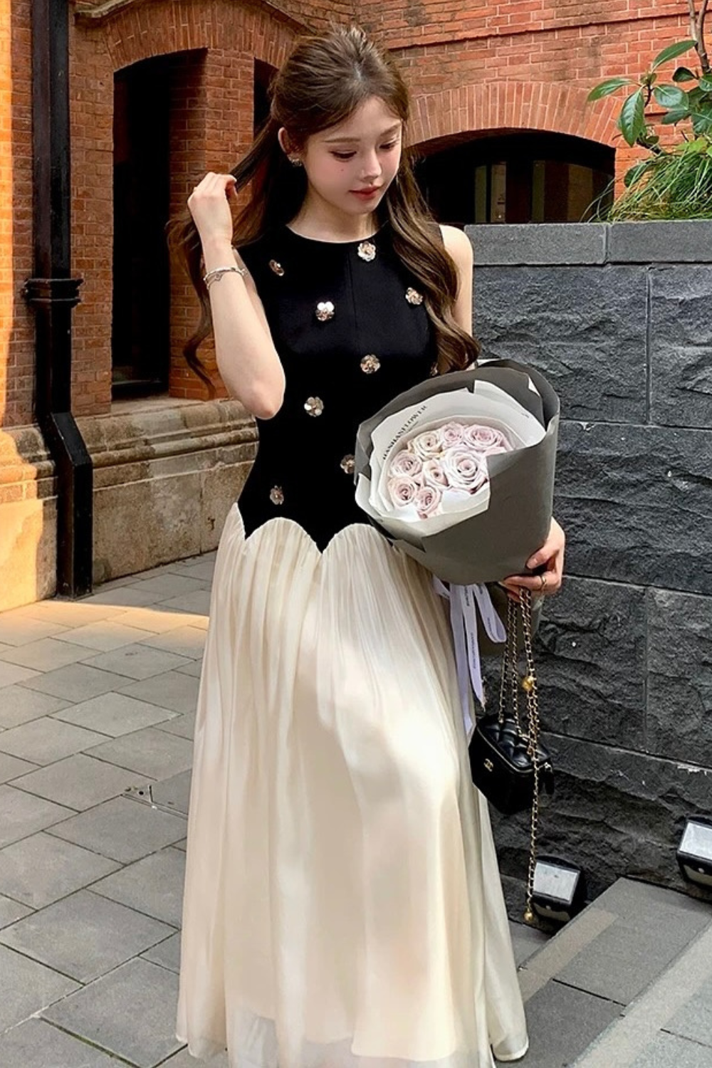 Stereoscopic Flower Sleeveless Mesh Midi Dress Flowering Girl