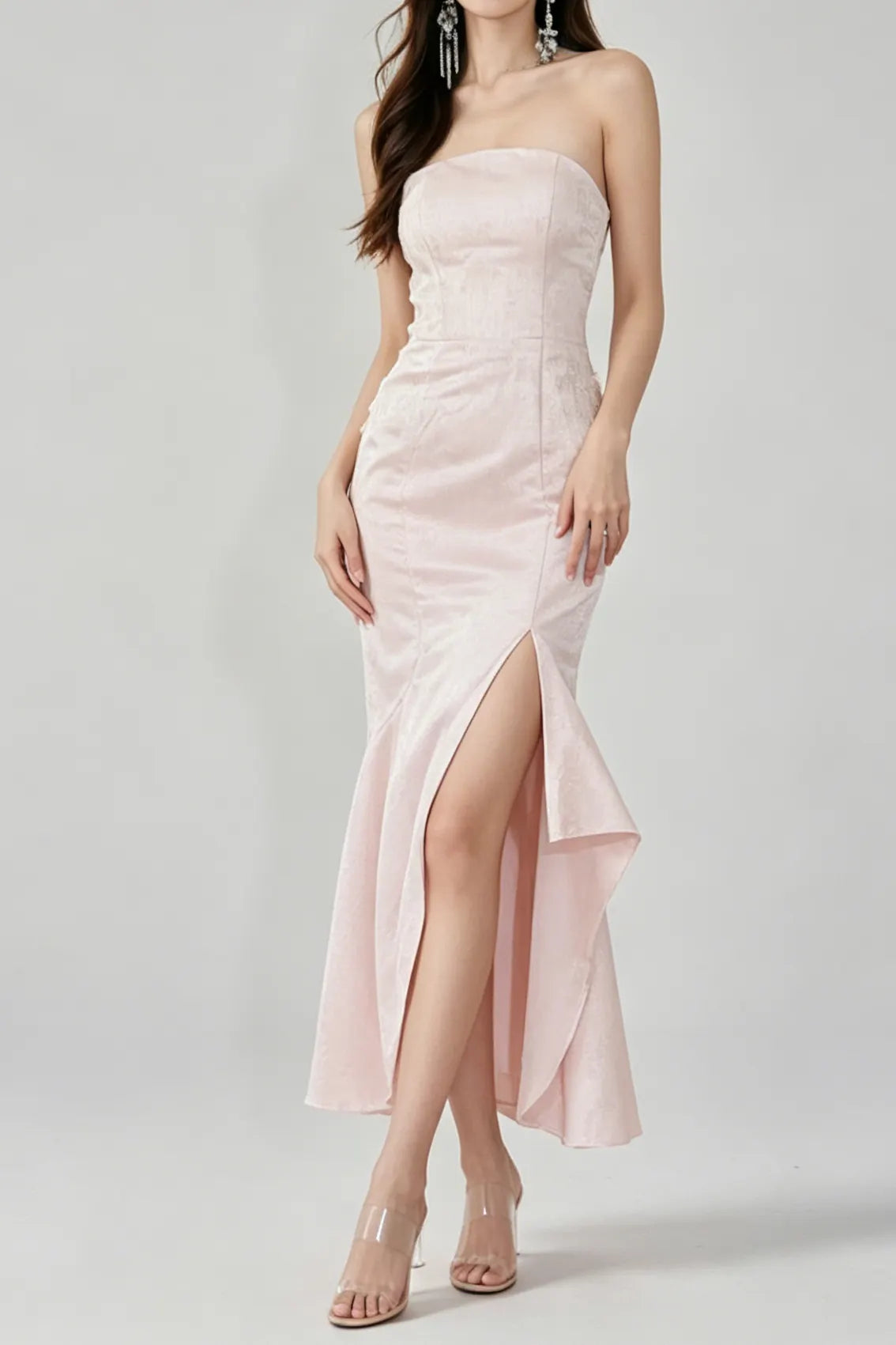 Light Pink Strapless Jacquard Mermaid Maxi Dress Flowering Girl