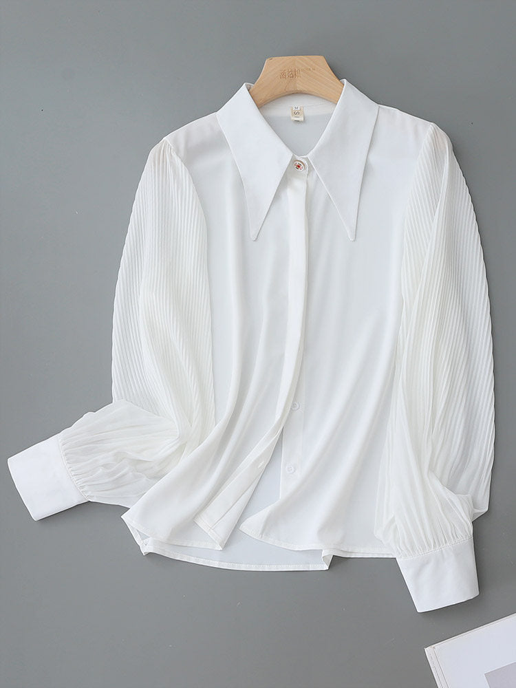 Oversized Point Collar Mixed Fabric Pleated Lantern Sleeve Satin Blouse Flowering Girl