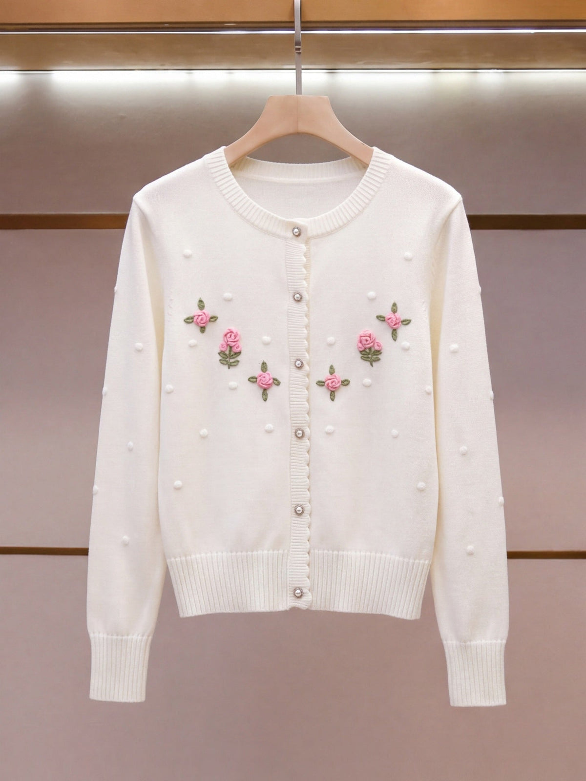 Off-White Fine Knit Straight, Slightly Cropped Cardigan Flowering Girl