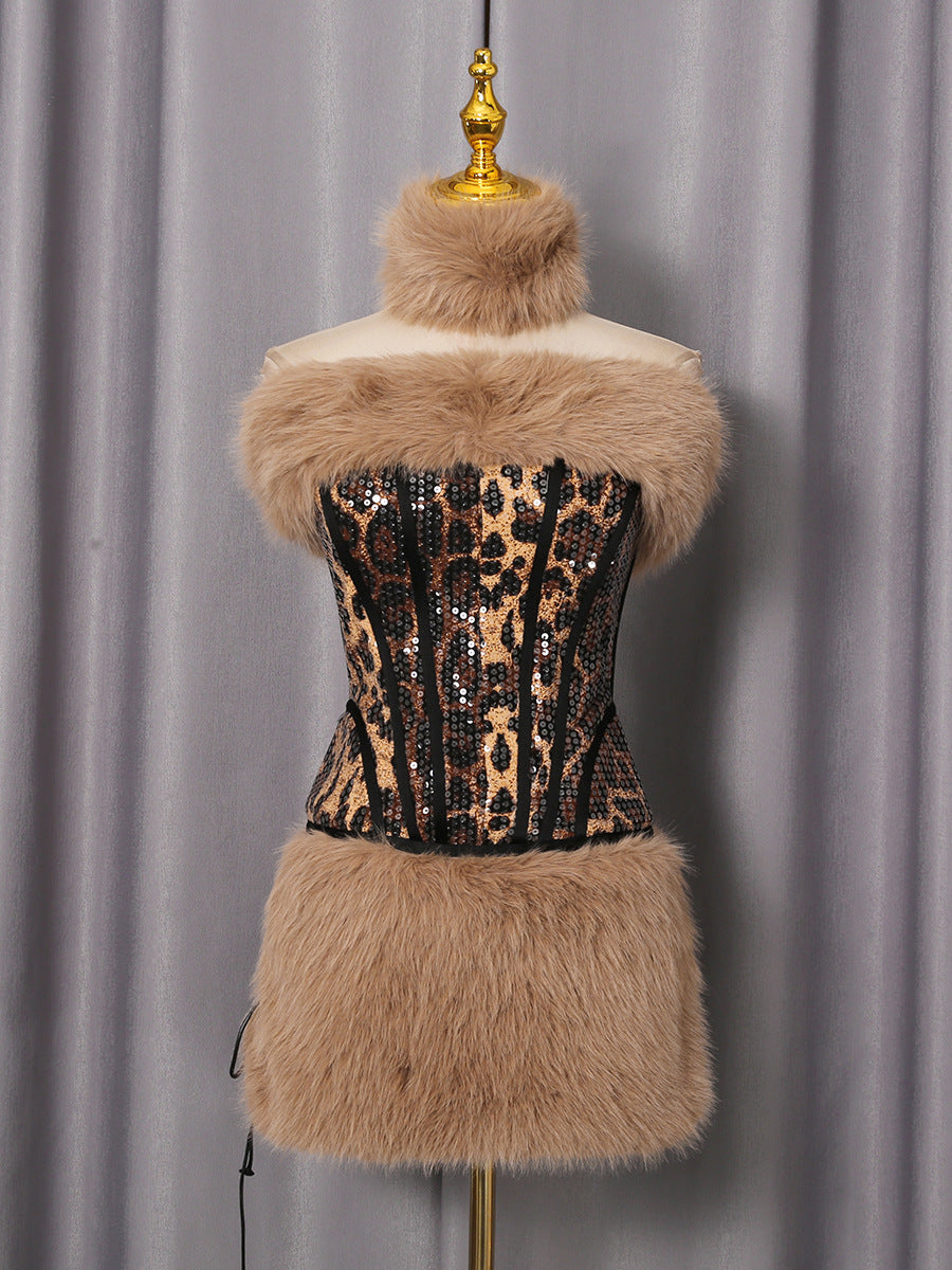 Suzanne Leopard Fur Sequin Skirt Set Flowering Girl