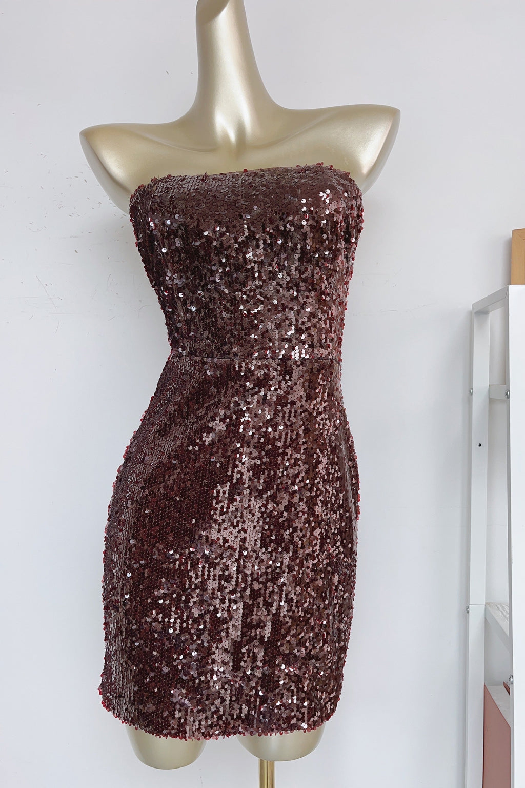 Strapless Sequin Mini Dress In Burgundy Flowering Girl