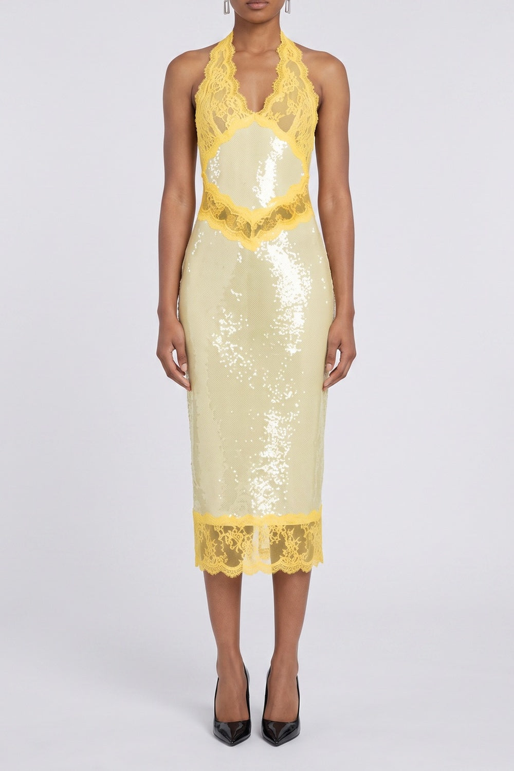 Halter Lace Trim Sequin Midi Dress Flowering Girl