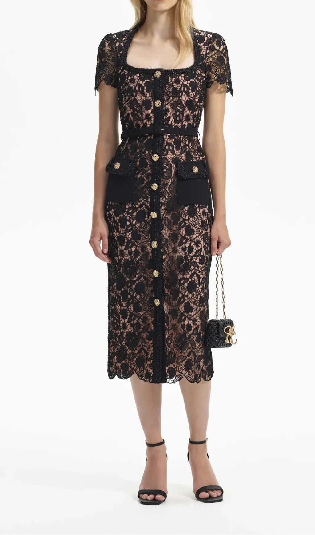 BLACK GUIPURE LACE SHORT SLEEVE MIDI DRESS Flowering Girl