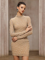 Khaki Tassel Rhinestone Mesh Pearl Hip-Wrap Mini Dress Flowering Girl
