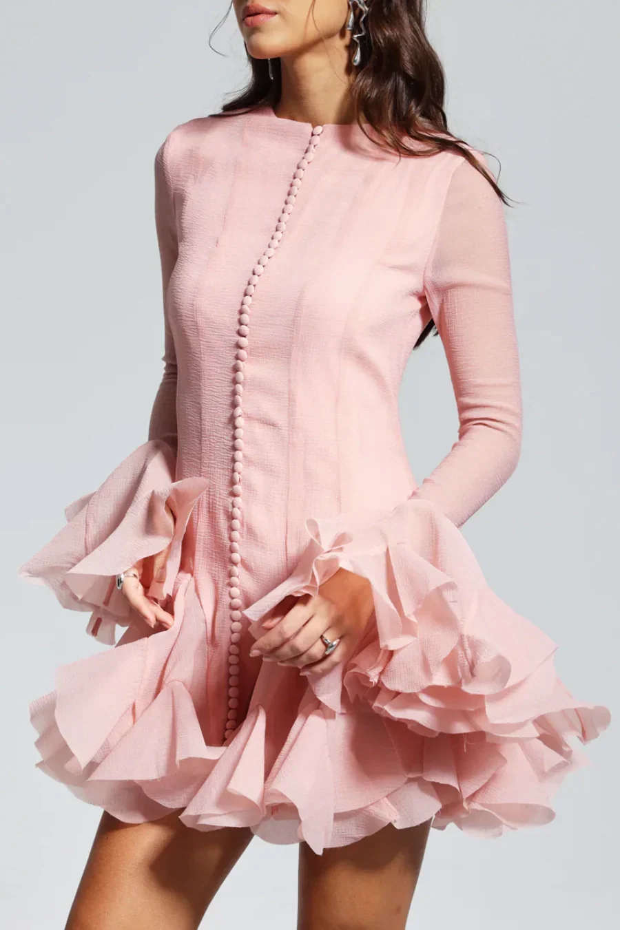 Alberta Semi-Sheer Ruffle Mini Dress - Pink Flowering Girl