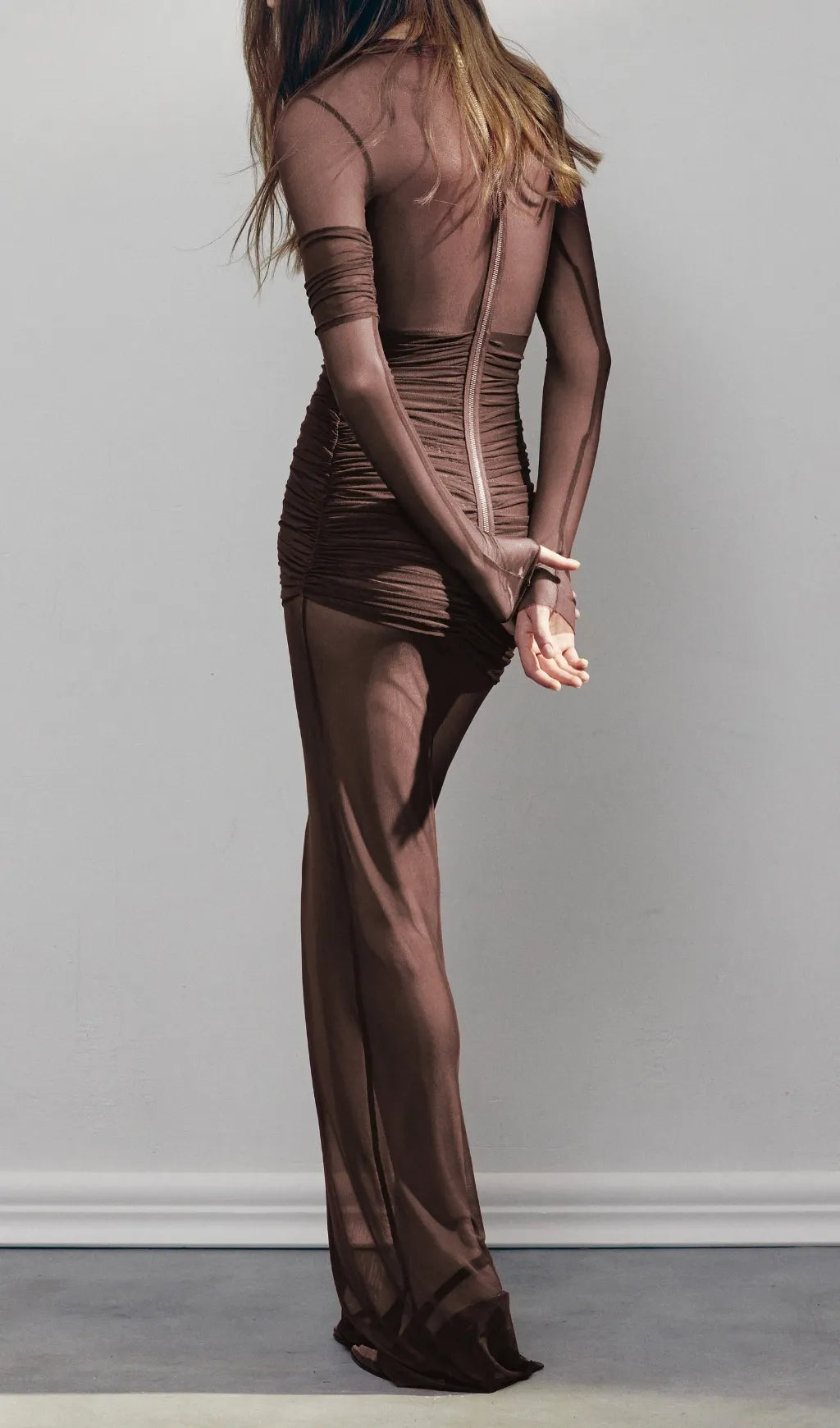 Long Sleeve Mesh Insert Draped Maxi Dress Flowering Girl