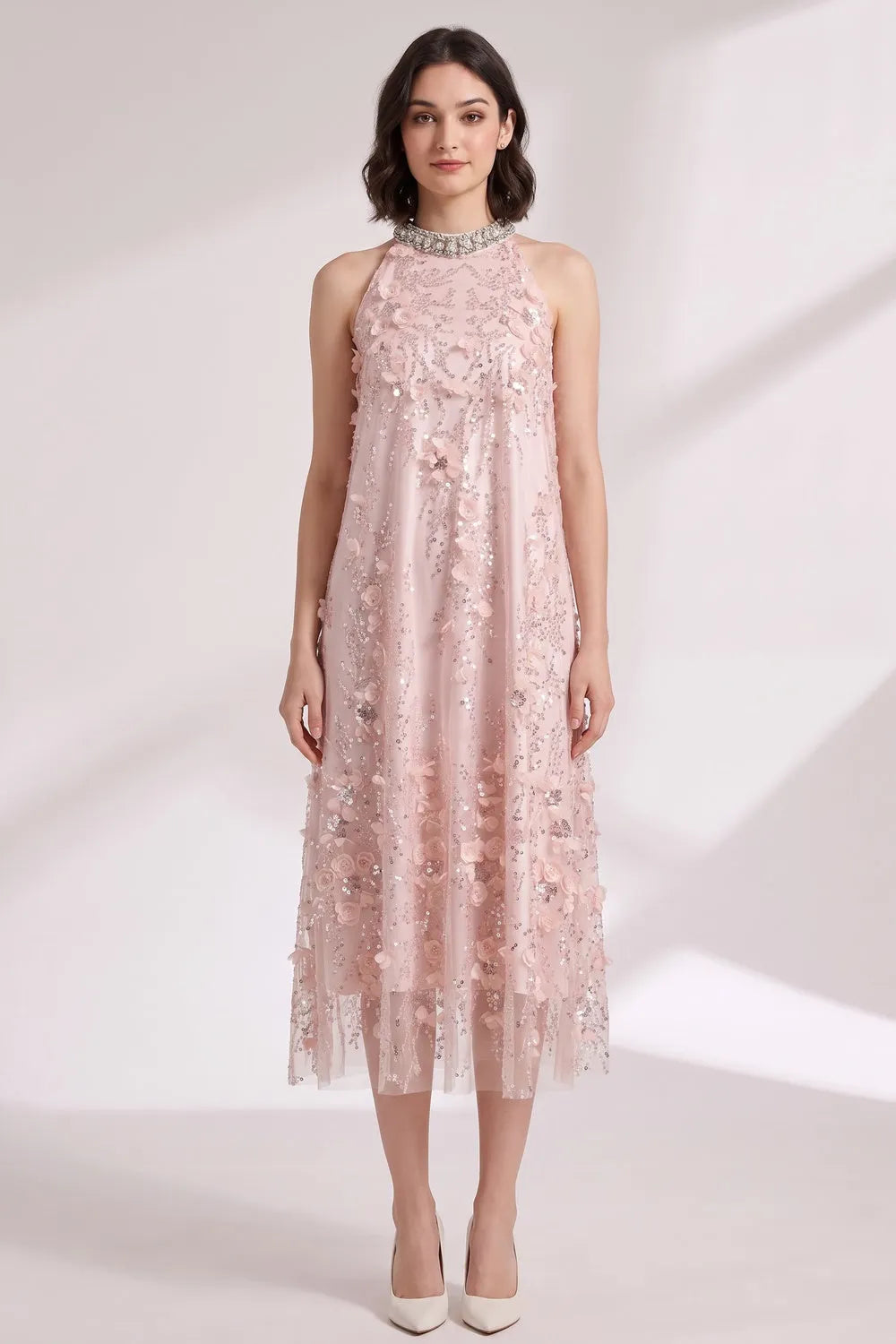 Blush Pink Tulle Mesh A-Line Shift Dress with Floral Embellishment Flowering Girl