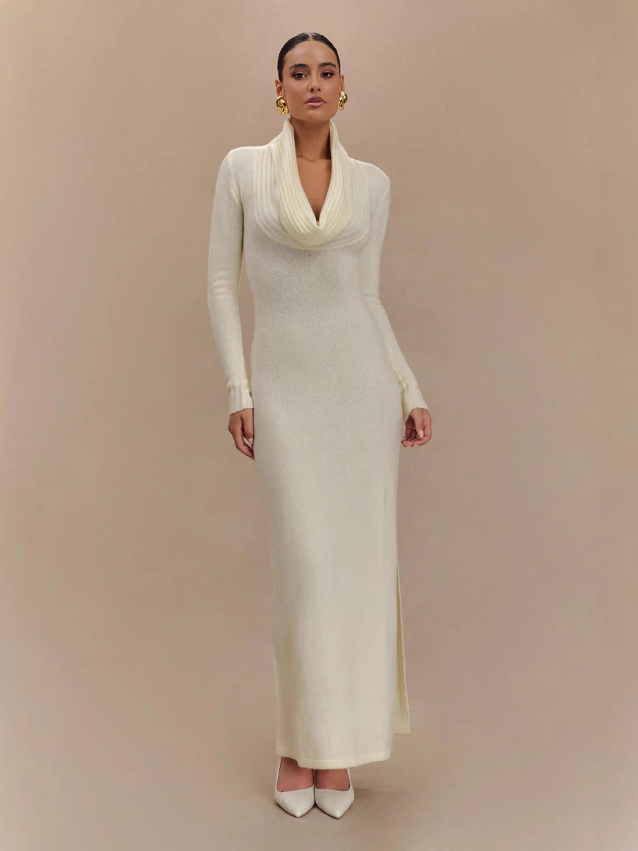 White Drop-Collar Long-Sleeved Knitted Dresses Flowering Girl