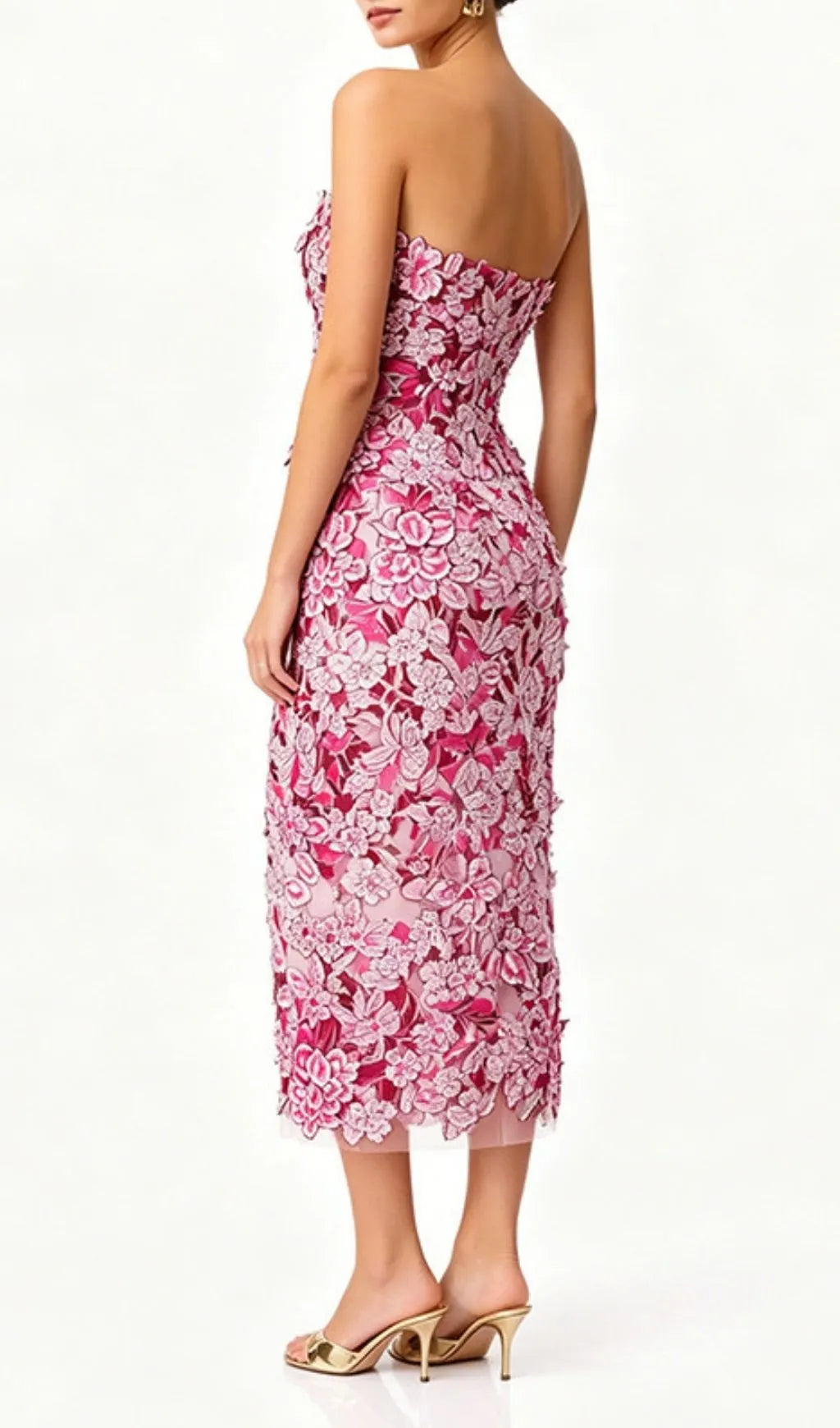 Larissa Pink Strapless Flower Embroidery Midi Dress Flowering Girl