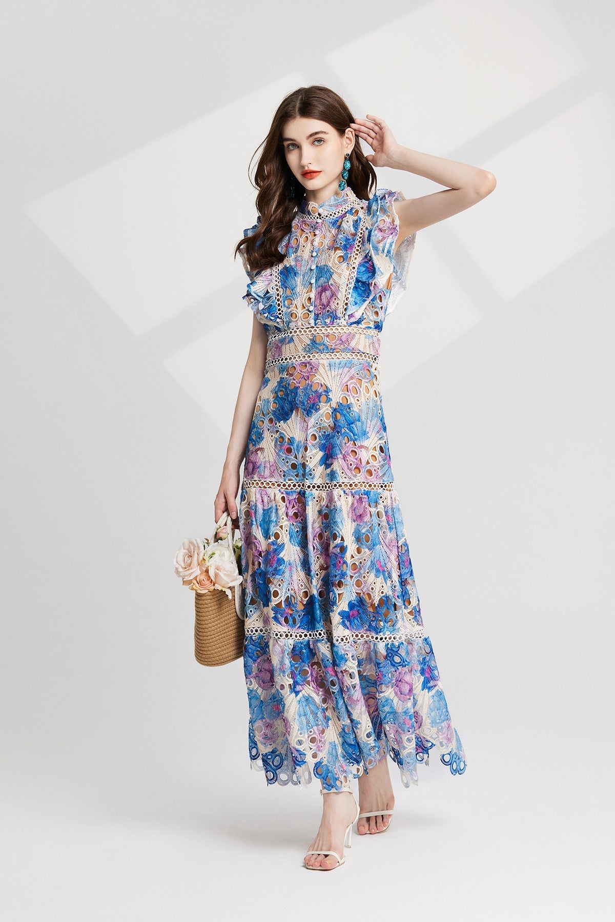chloe hollow out flower embroidery maxi dress in blue Flowering Girl