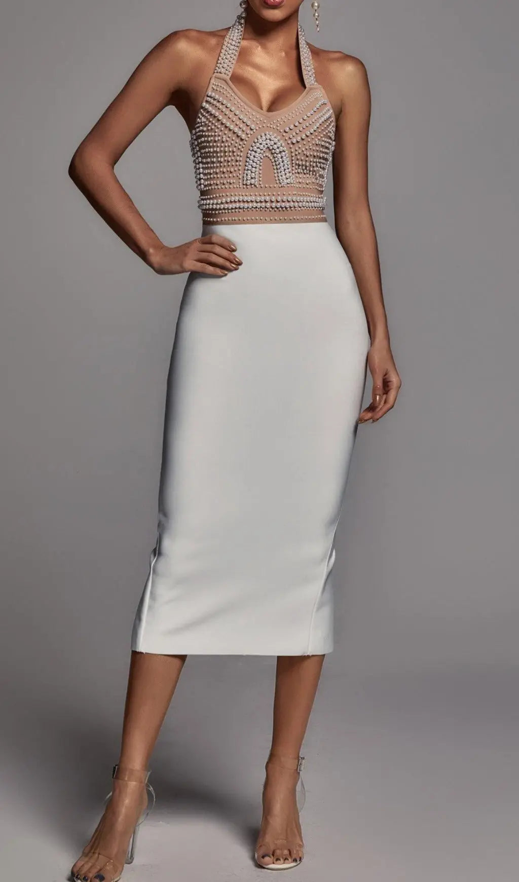Beige Pearl Halter Bandage Midi Dress Flowering Girl