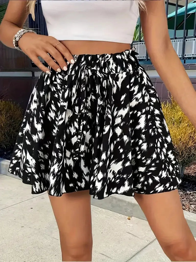Printed Wide-Leg Drawstring Shorts — Stylish & Elegant Vacation Beach Skort Flowering Girl